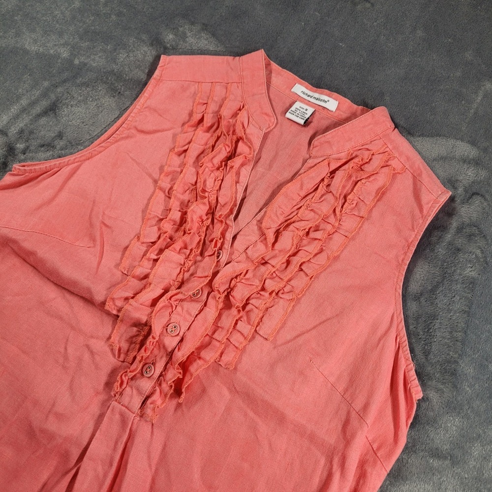 Richard Malcolm Women Small 100% Linen Top Casual Coral Ruffle Taupe‎ Vacation